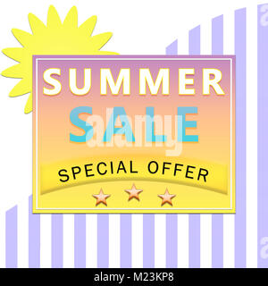 Summer Sale Label/Angebot mit Sonne auf gestreiften Hintergrund Stockfoto