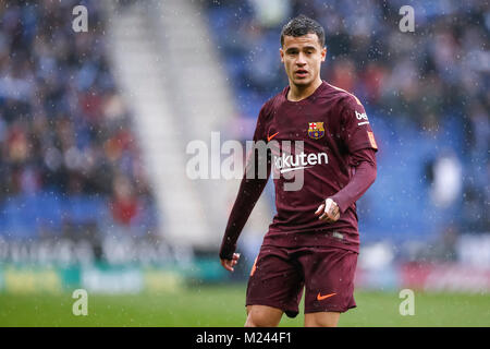 Barcelona, Spanien. 04 Feb, 2018. FC Barcelona Mittelfeldspieler Philippe Coutinho (14) Während des Spiels zwischen RCD Espanyol und FC Barcelona, für die Runde 22 der Liga Santander, an RCDE Stadion am 4. Februar 2018 in Barcelona, Spanien gespielt. Credit: Gtres Información más Comuniación auf Linie, S.L./Alamy leben Nachrichten Stockfoto