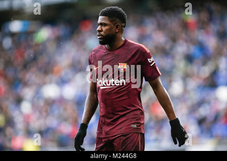 Barcelona, Spanien. 04 Feb, 2018. FC Barcelona defender Samuel Umtiti (23) Während des Spiels zwischen RCD Espanyol und FC Barcelona, für die Runde 22 der Liga Santander, an RCDE Stadion am 4. Februar 2018 in Barcelona, Spanien gespielt. Credit: Gtres Información más Comuniación auf Linie, S.L./Alamy leben Nachrichten Stockfoto