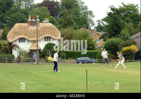 Spielen Kricket vor einem neuen Wald Landhaus in Hampshire Stockfoto