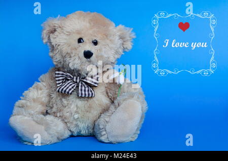 Niedlichen Teddybären und roten Herzen zum Valentinstag, mit Text: Ich liebe dich Stockfoto