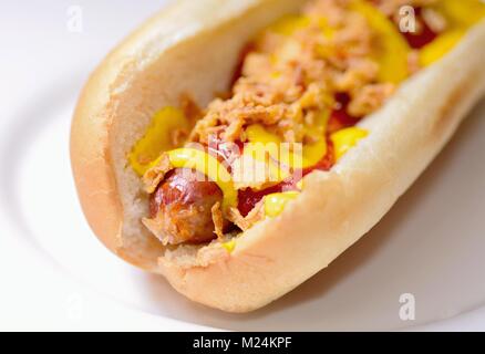 Ein Hot Dog in einer einfachen weiche Brötchen mit Senf, Ketchup und gebratenen Zwiebeln. Stockfoto
