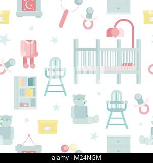 Flache baby Zimmer Muster Vector Illustration mit Kinderbett, Hochstuhl und Bücher Regale Stock Vektor