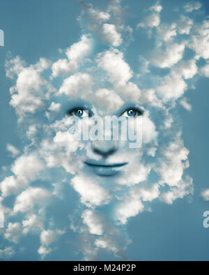 Surreal, die für einen Fantasy schönes Gesicht in blaues Licht Himmel mit vielen Wolken getarnt vorstellen Stockfoto