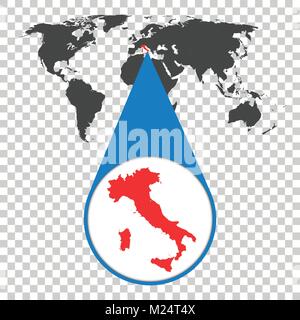 Welt Karte mit Zoom auf Italien. Karte in der Lupe. Vector Illustration im flachen Stil Stock Vektor