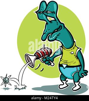 Eine dumme alien Aufnahmen Single electron mit seinem Plasma gun lustig Cartoon Stock Vektor