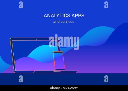 Analytics Anwendungen und Services für Smartphone und Laptop Darstellung und Prognose Stock Vektor