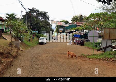 Hauptstraße durch die remote Jungle Village der Drake Bay auf der Halbinsel Osa im Süden von Costa Rica. Stockfoto