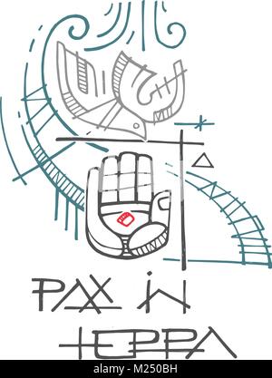Hand gezeichnet Vektor Tinte Abbildung oder Zeichnung der einige religiöse christliche Symbole und Phrase im Lateinischen bedeutet: Friede auf Erden Stock Vektor