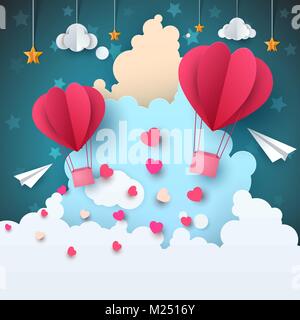 Cartoon Papier Luft Landschaft. Cloud, Flugzeug, Herzen, Liebe, Stern. Stock Vektor