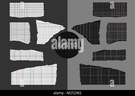 Satz von verschiedenen schwarzen und weißen zerrissenen Blätter aus Copybook. Realistische Vektor Elemente für Design verwenden Stock Vektor