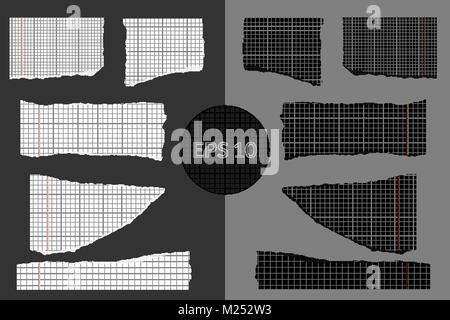 Satz von verschiedenen schwarzen und weißen zerrissenen Blätter aus Copybook. Realistische Vektor Elemente für Design verwenden Stock Vektor