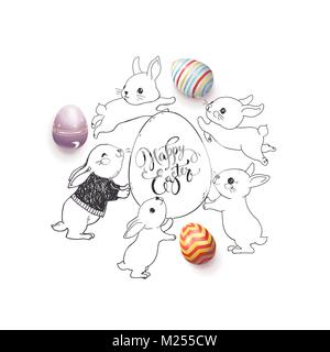 Hand gezeichnet Frohe Ostern wünschen handschriftlich mit kalligrafischen Schrift, bunt verziert Eier und niedlichen Kaninchen um ihn herum. Saisonale Dekorationen und elegante hand Schrift. Festliche Vector Illustration. Stock Vektor