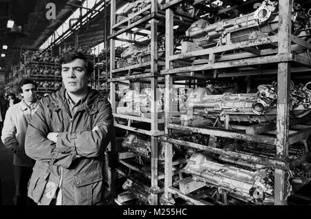 Union Versammlung der Arbeitnehmer in der arese Werk von Alfa Romeo car Factory (Mailand, Italien, Mars 1982) Stockfoto