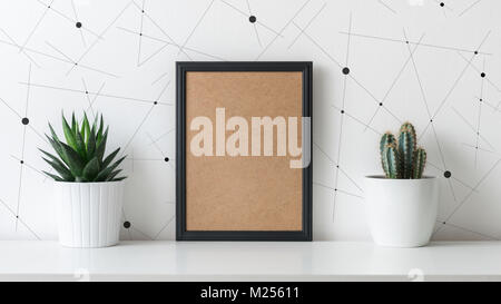 Moderne Dekoration. Verschiedene Kakteen und sukkulenten Pflanzen in verschiedenen Töpfen. Mock-up mit einem schwarzen Rahmen. Stockfoto