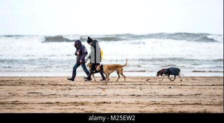 Gijon, Spanien. 05. Januar, 2018. Zwei Frauen zu Fuß auf den Strand San Lorenzo mit ihren Hunden in Gijon, während eines Tages, der starken Brunnen auf dem Meer. Im Norden von Spanien ist in Alarm durch den Schnee, Regen, Flügel und Schwellen. © David Gato/Alamy leben Nachrichten Stockfoto