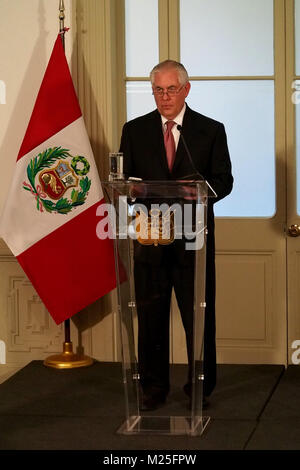 Lima, Peru. 5. Februar, 2018. Die Außenministerin der Vereinigten Staaten von Amerika, REX W. TILLERSON gibt eine Pressekonferenz im Rahmen seines Besuchs in Peru als Präambel der Gipfel der Amerikas in Lima zu nehmen im April nächsten Jahres. Stockfoto