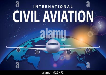 Banner, Poster, Flyer mit Flugzeug- und Erde. Flugzeug auf sonnigen blauen Hintergrund, der zivilen Luftfahrt Airliner. Verkehrsflugzeug Travel Concept Design. Vector Illustration Stock Vektor