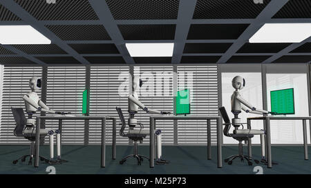 Wir sind die Roboter, Roboter in einem Büro (3D-Rendering) Stockfoto