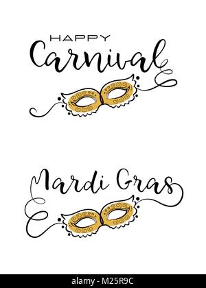 Einstellen des Karnevals Titel. Handschriftliche Beschriftung Design mit eleganten goldenen Maske. Vector Illustration. Stock Vektor