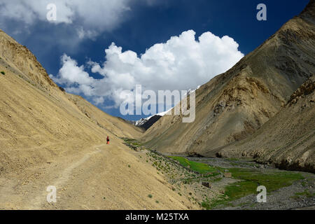 Reisender auf dem Trekking auf markha Valley Trek Route in Ladakh, Karakorum Panorama. Diese Region ist ein Zweck der Motorrad Expeditionen Stockfoto