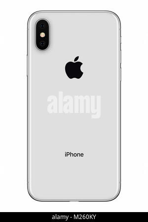 Silber Apple iPhone X zurück Seite Vorderansicht auf weißem Hintergrund. Stockfoto