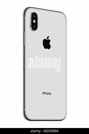 Silber Apple iphone x Rückseite leicht gedreht isoliert auf weißem Hintergrund. iPhone 10 ist das neueste Smartphone von Apple Inc mit rahmenlosen Design. Stockfoto