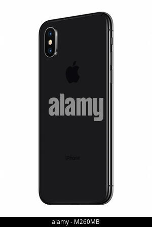 Schwarz Apple iphone x Rückseite auf weißem Hintergrund gedreht isoliert. iPhone 10 ist das neueste Smartphone von Apple Inc mit rahmenlosen Design. Stockfoto