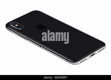 Perspektivische Ansicht schwarz Apple iPhone X Rückseite auf weißem Hintergrund. iPhone 10 ist das neueste Smartphone von Apple Inc mit rahmenlosen Design. Stockfoto