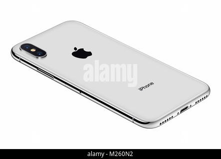 Perspektivische Ansicht Silber Apple iPhone X Rückseite auf weißem Hintergrund. iPhone 10 ist das neueste Smartphone von Apple Inc mit rahmenlosen Design. Stockfoto