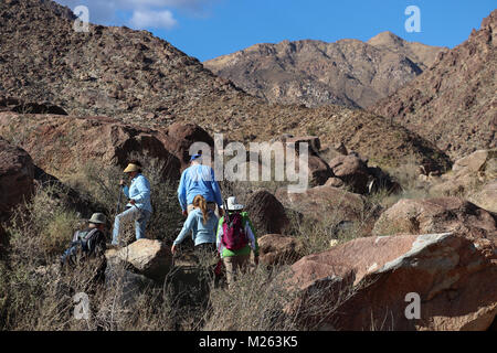 Fünf Wanderer clambor über riesige Felsbrocken auf einem Trail bis Borrego Palm Canyon in dem Anza-Borrego Desert State Park in Kalifornien, von Bergen umgeben. Stockfoto