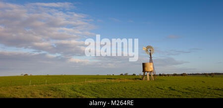 Southern Cross Windmühle und tnk stehend in einer Koppel in der Nähe der kleinen ländlichen Stadt Nhill. Stockfoto