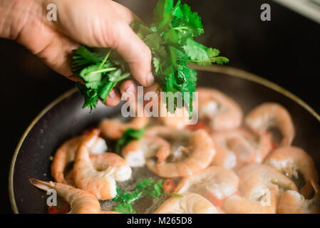 Besprengung Frau Koriander über eine asiatische Küche auf der Grundlage von gebratene Garnelen und Chili rühren. Stockfoto
