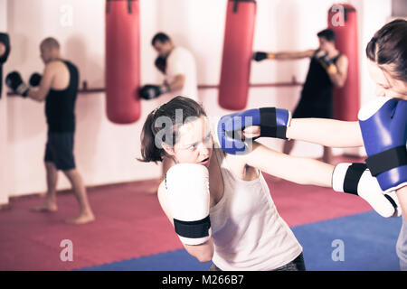 Zwei junge Athleten Mädchen üben Boxing Sparring in der Halle Stockfoto