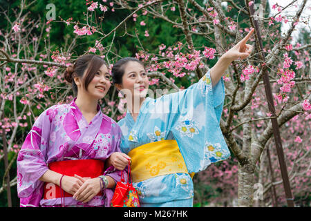 Happy Elegant weibliche Reisende in traditioneller Kleidung Kimono, Cherry Blossom Park und zeigt Sakura gemeinsam mit Freund während Japan t Stockfoto