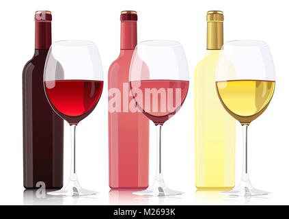 Eingestellt von Flaschen mit verschiedenen Arten von Weinen. Flasche Rotwein, eine Flasche rose Wein, Flasche Wein und Glas Becher mit Wein. Vektor realistische Zeichnung, auf weißem Hintergrund Stock Vektor