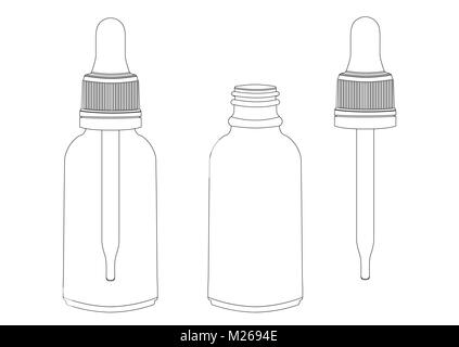 Flasche mit Pipette, Vektor Strichzeichnung, Kontur Bild, Färben, schwarz und weiß Abbildung. Transparente leere Flasche mit Pipette innerhalb und Pipette separat. Auf weissem Hintergrund Stock Vektor