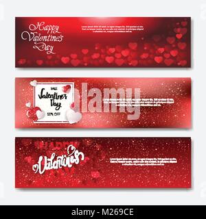 Happy Valentines Tag horizontale Banner mit handschriftlichen Kalligraphie Schrift auf roten Bokeh Hintergrund Poster Set Stock Vektor