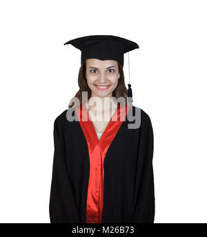 Bildung Thema: Studium Studentin in einem akademischen Kleid. Isoliert auf weißem Hintergrund. Stockfoto