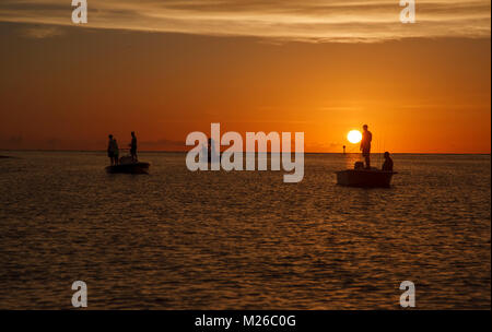 ST. PETERSBURG, Florida: Fischer Fisch für snook, tarpon in Pass-A-Grille Inlet kurz vor Sonnenuntergang in St. Petersburg, Florida. Stockfoto