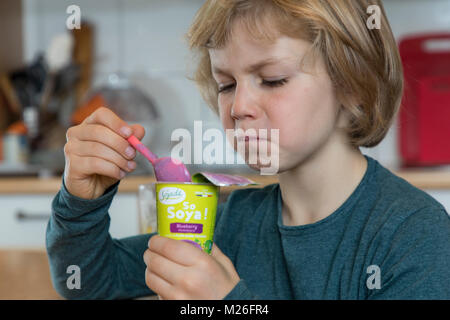 Junge, 7 Jahre alt, schmeckt veganes Essen, Soja Frucht Joghurt ersetzen, Stockfoto