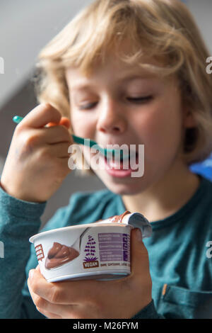 Junge, 7 Jahre alt, schmeckt veganes Essen, Soja Schokoladenpudding, ersetzen, Stockfoto