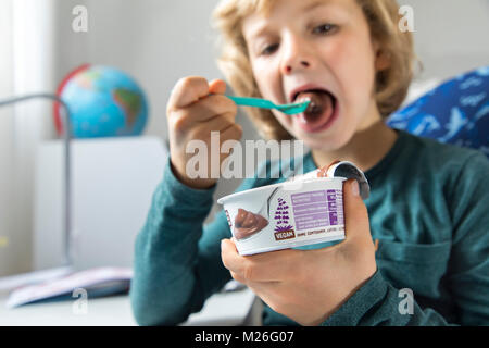 Junge, 7 Jahre alt, schmeckt veganes Essen, Soja Schokoladenpudding, ersetzen, Stockfoto