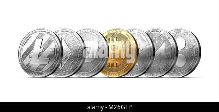 Satz von 7 verschiedenen cryptocurrencies mit einem goldenen Bitcoin innen auf weißem Hintergrund. 3D-Rendering Stockfoto