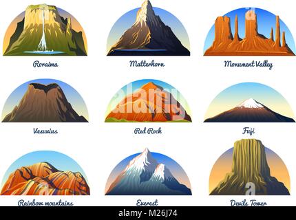 Berggipfel, Landschaft in einem frühen Tageslicht, große. Monument Valley, Matterhorn, Roraima, Fuji oder Vesuv, Devils Tower, Everest oder Rainbow. Reisen oder Camping, Klettern. Outdoor hill Tops Stock Vektor