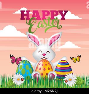 Frohe Ostern Karte cute Bunny gefärbten Eiern butterfly Blumen und Landschaft Stock Vektor