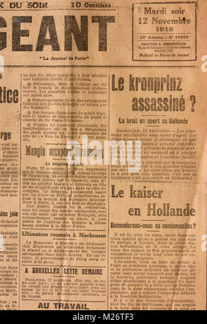 L'Intransigeant französische Zeitung (original) Reporting Waffenstillstand News am 12. November 1918 (Zeitung von 1880 bis 1940 existierten) Stockfoto