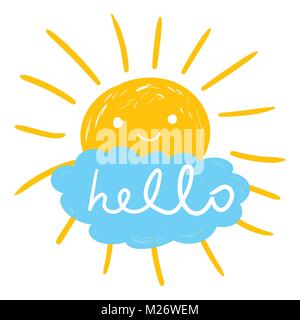 Hallo Sommer Hand gezeichnet Chalk Sonne Symbole. Vector Illustration auf weißem Hintergrund. Stock Vektor