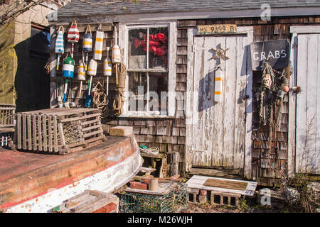 Alte Fischerdorf shack in Rockport, Massachusetts Hafen Stockfoto