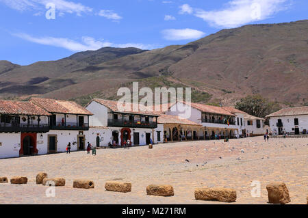 Villa de Leyva Hauptplatz, Square in Villa de Leyva, Kolumbien - Sept. 2015 Stockfoto